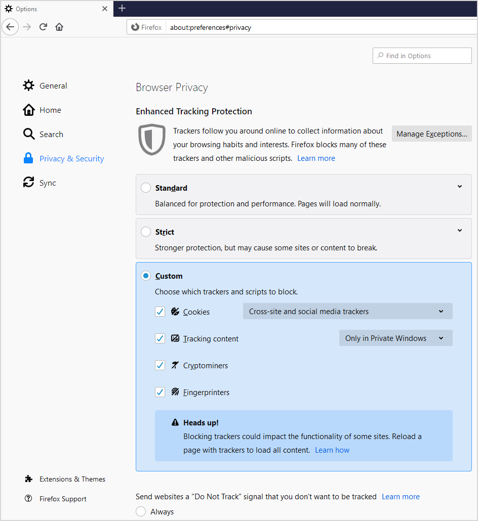 Browser Privacy The Privacy & security tab of Firefox settings.